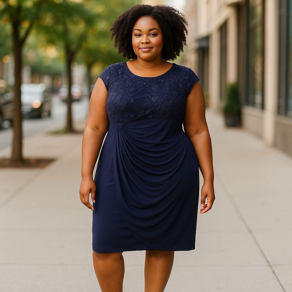 Connected Apparel Sheath Dress 22W Navy Faux Wrap Sequin Lace Wedding Guest